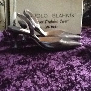 Manolo blahink kitten heel slip on stap shoes